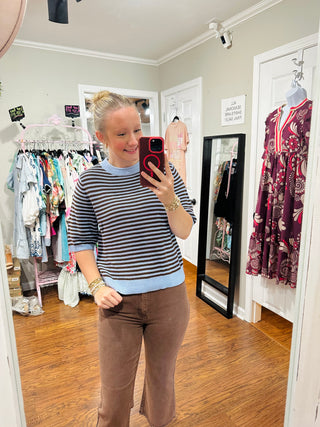 Light Blue Textured Stripe Crew Neck Half Sleeve Sweater
