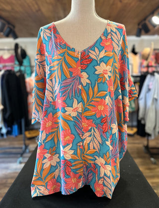 CURVY TROPICAL FLORAL DROP SHOULDER WOVEN TOP Final Sale