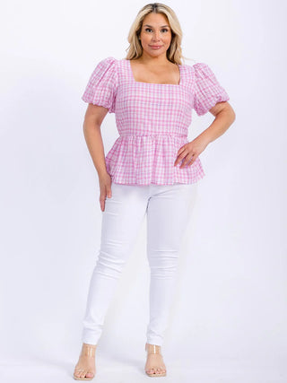 CURVY PINK SHORT PUFF SLEEVE SQUARE NECK PLAID PEPLUM BLOUSE Final Sale