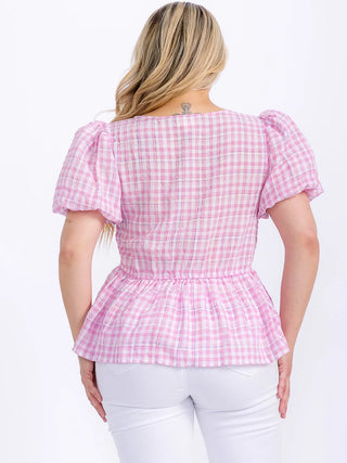 CURVY PINK SHORT PUFF SLEEVE SQUARE NECK PLAID PEPLUM BLOUSE Final Sale