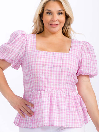 CURVY PINK SHORT PUFF SLEEVE SQUARE NECK PLAID PEPLUM BLOUSE Final Sale
