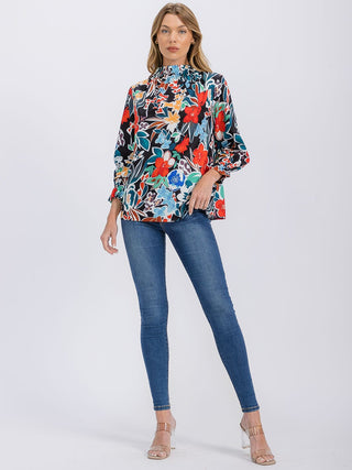 BLACK FLORAL 3/4 SLEEVE MOCK NECK FLORAL BLOUSE Final Sale