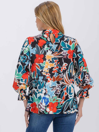 BLACK FLORAL 3/4 SLEEVE MOCK NECK FLORAL BLOUSE Final Sale
