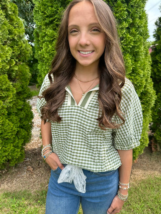 Green Plaid Short Sleeve Top w/ Trim Split Neck Detail