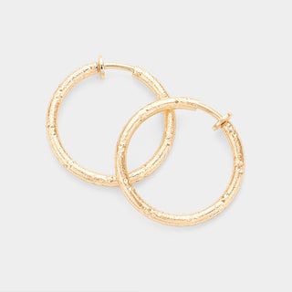 1.75 Inch Textured Metal Hoop Clip On Earrings (2 Colors)