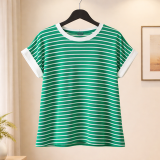 Curvy Kelly Green Contrast Trim Cap Sleeve Stripe Tee