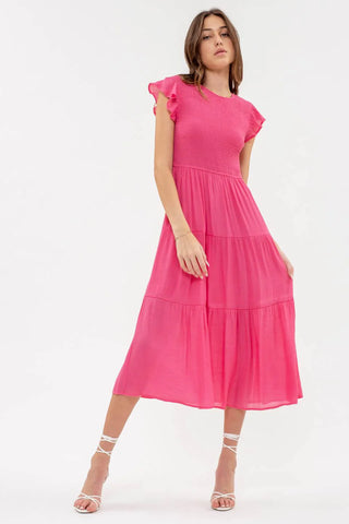 LIGHT FUCHSIA SMOCKED TIERED MIDI DRESS Final Sale
