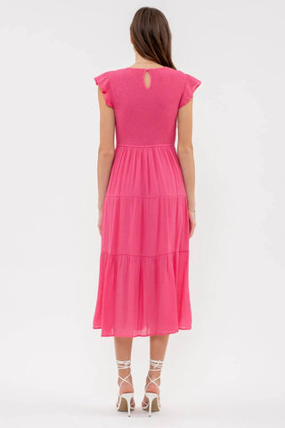 LIGHT FUCHSIA SMOCKED TIERED MIDI DRESS Final Sale