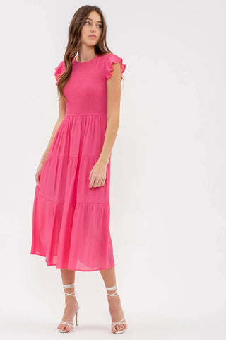 LIGHT FUCHSIA SMOCKED TIERED MIDI DRESS Final Sale