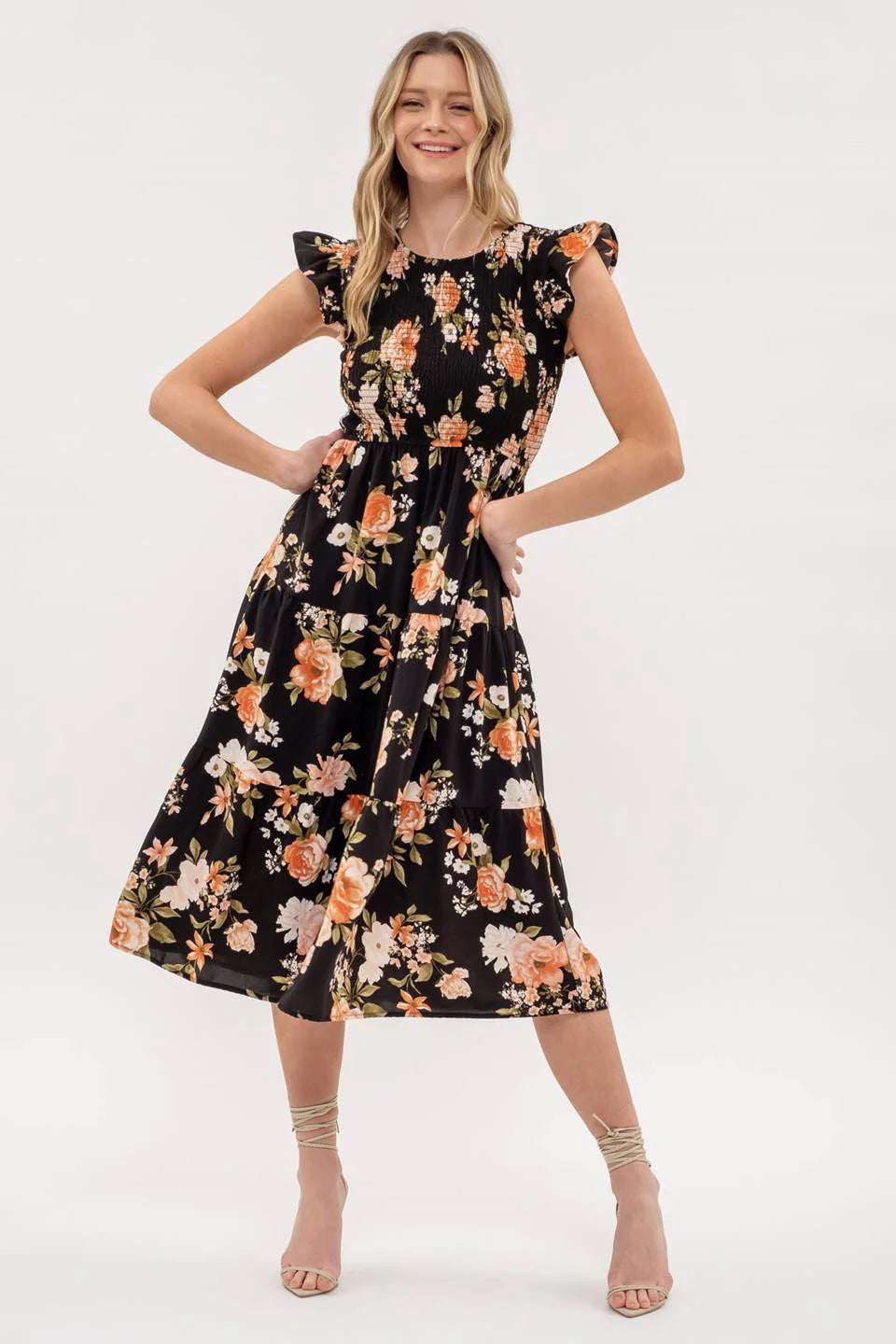 BLACK MULTI SMOCKED TIERED FLORAL MIDI DRESS