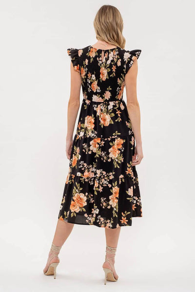 BLACK MULTI SMOCKED TIERED FLORAL MIDI DRESS