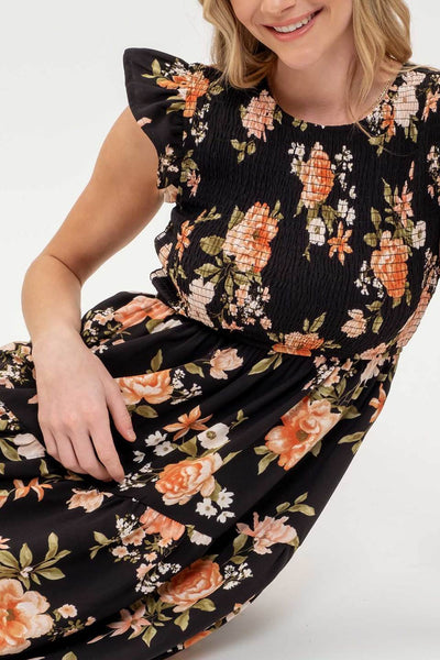 BLACK MULTI SMOCKED TIERED FLORAL MIDI DRESS