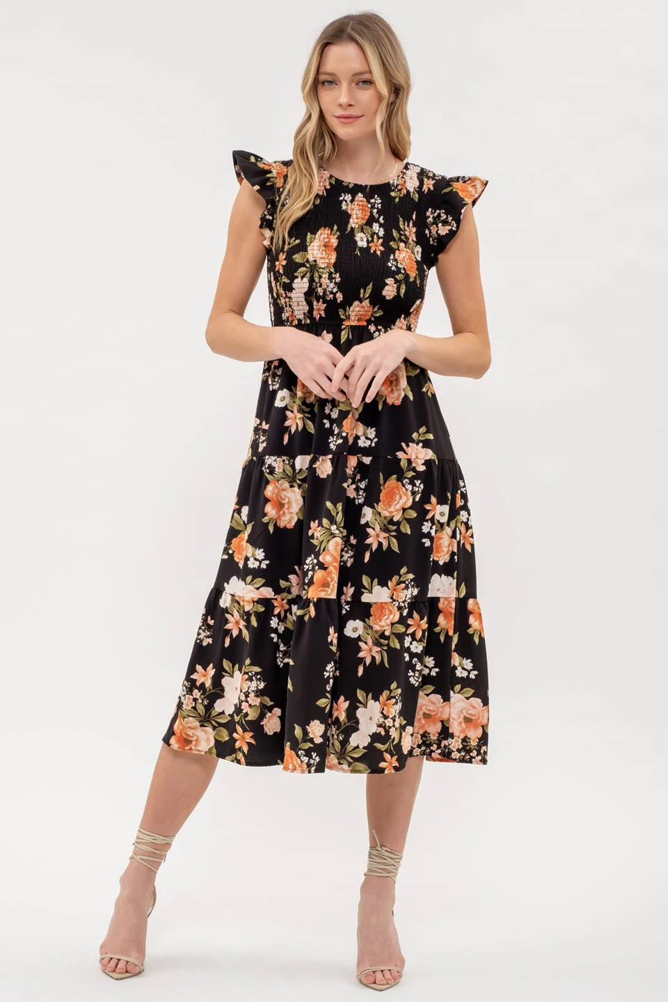 BLACK MULTI SMOCKED TIERED FLORAL MIDI DRESS