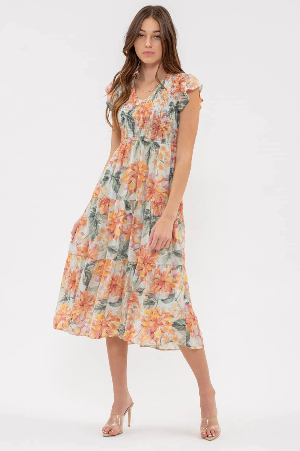 SMOCKED V NECK FLORAL MIDI DRESS