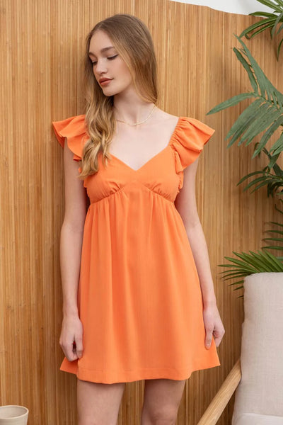 CANTALOUPE SOLID EMPIRE WAIST MINI DRESS W/ TIE BACK