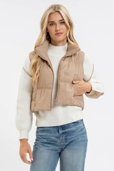 MOCHA COLLARED ZIP UP CROPPED PUFFER VEST