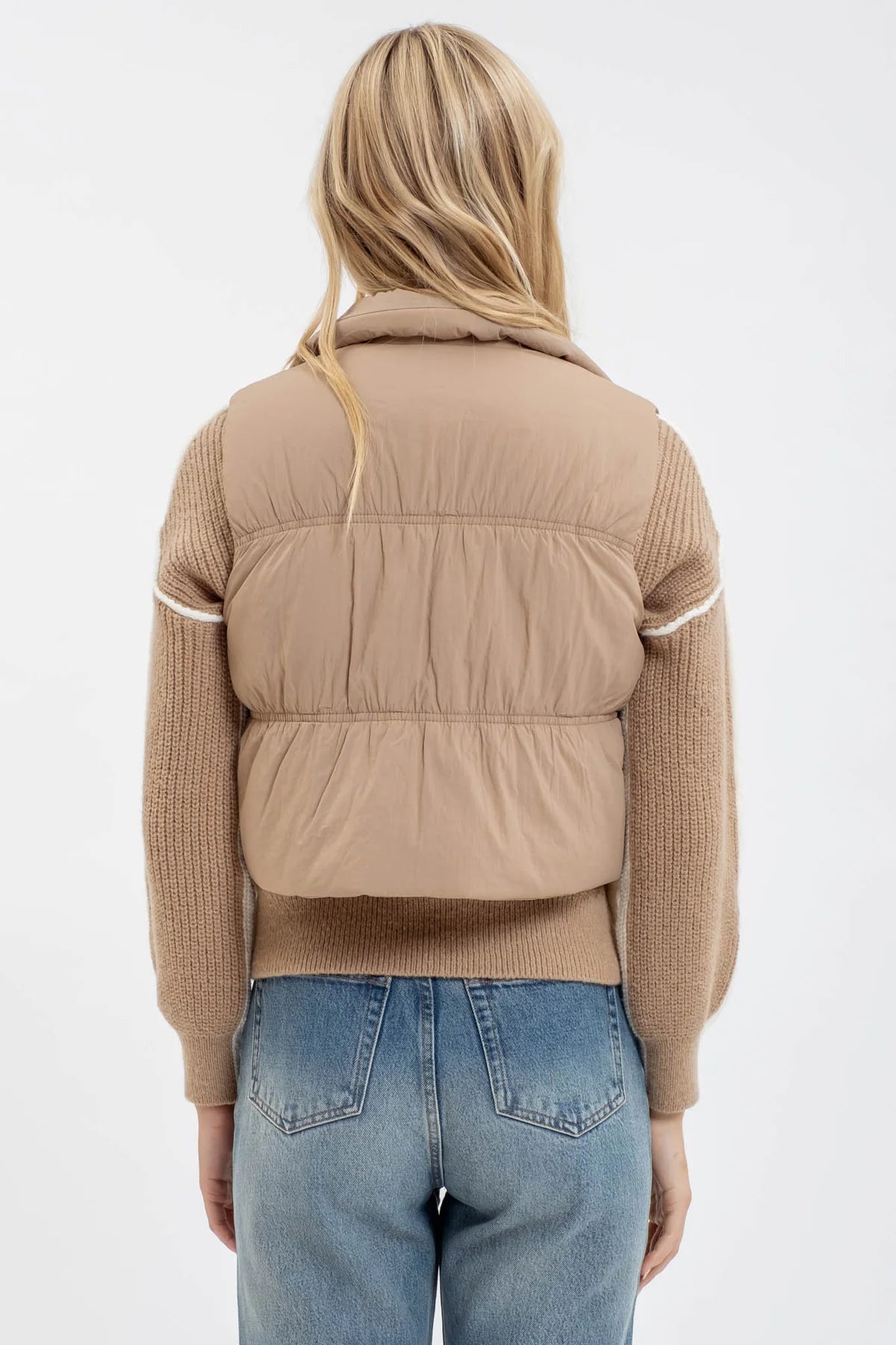 MOCHA COLLARED ZIP UP CROPPED PUFFER VEST