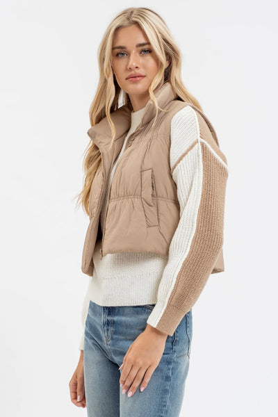 MOCHA COLLARED ZIP UP CROPPED PUFFER VEST