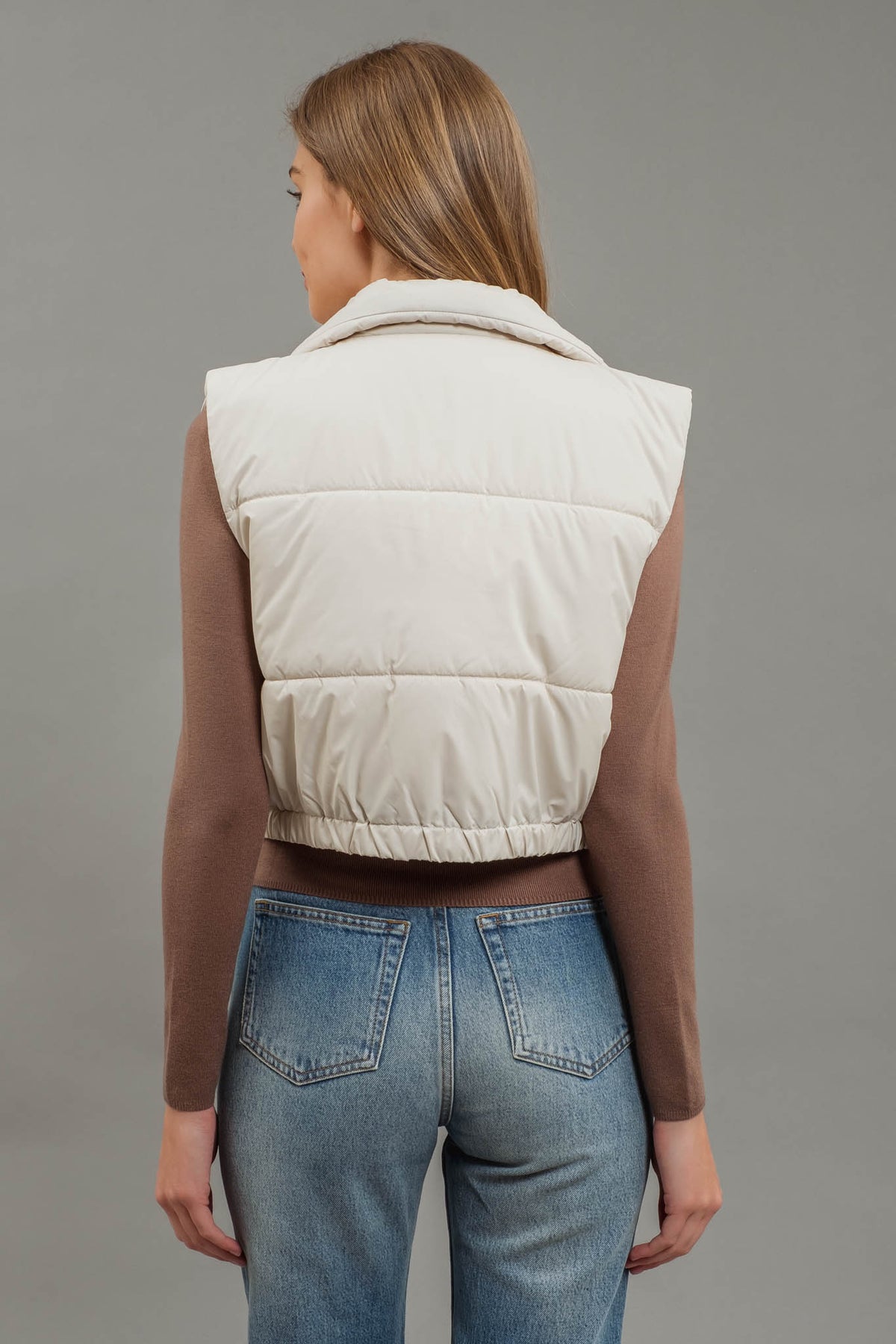 CREAM CROPPED ZIP UP PUFFER VEST