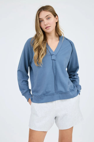 DUSTY BLUE HOODED V NECK RAW EDGE LONG SLEEVE KNIT TOP