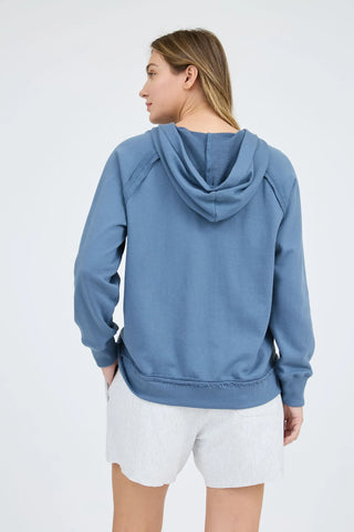 DUSTY BLUE HOODED V NECK RAW EDGE LONG SLEEVE KNIT TOP