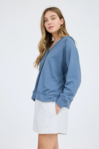 DUSTY BLUE HOODED V NECK RAW EDGE LONG SLEEVE KNIT TOP