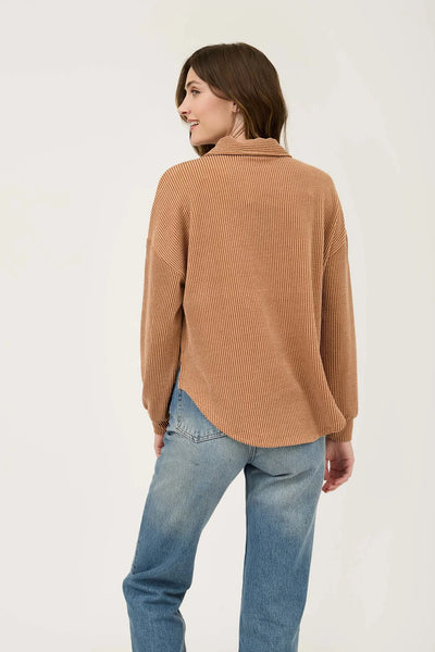 RUST PINSTRIPE COLLARED HALF BUTTON KNIT TOP