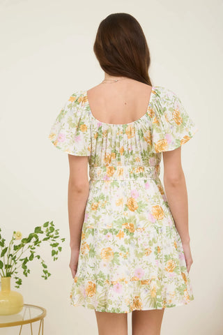 IVORY FLORAL FRONT TIE SCOOP NECK TIERED MINI DRESS FINAL SALE