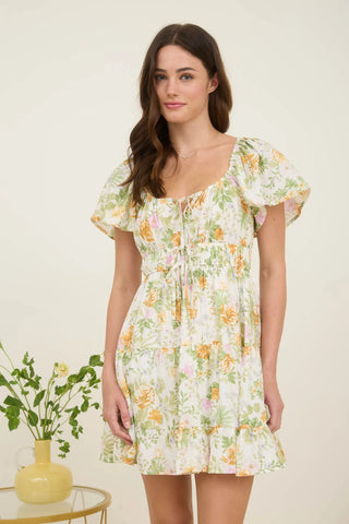 IVORY FLORAL FRONT TIE SCOOP NECK TIERED MINI DRESS FINAL SALE