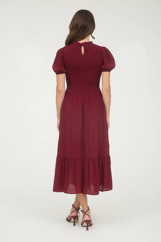 CONTRAST SMOCKED DETAIL PUFF SLEEVE MIDI DRESS Final Sale