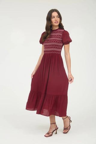 CONTRAST SMOCKED DETAIL PUFF SLEEVE MIDI DRESS Final Sale
