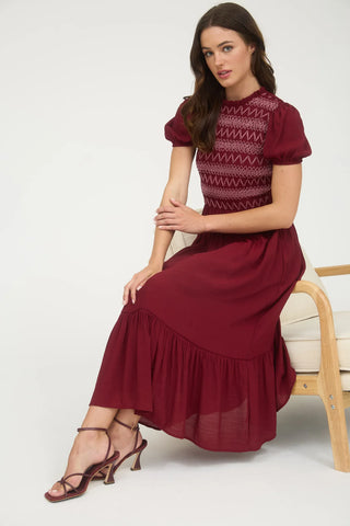 CONTRAST SMOCKED DETAIL PUFF SLEEVE MIDI DRESS Final Sale