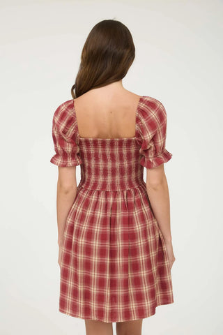 BURGUNDY PLAID SMOCKED PUFF SLEEVE MIDI DRESS FInal Sale