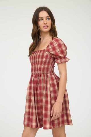 BURGUNDY PLAID SMOCKED PUFF SLEEVE MIDI DRESS FInal Sale