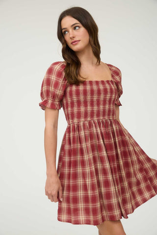 BURGUNDY PLAID SMOCKED PUFF SLEEVE MIDI DRESS FInal Sale