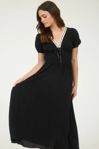 BLACK CONTRAST LACE RIBBON TRIM CORSET DETAIL MIDI DRESS Final Sale