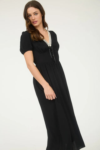 BLACK CONTRAST LACE RIBBON TRIM CORSET DETAIL MIDI DRESS Final Sale