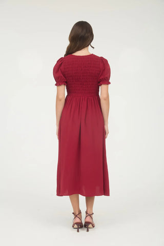 DEEP RED V NECK FRONT TIE SMOCKED PUFF SLEEVE MIDI DRESS Final Sale