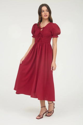 DEEP RED V NECK FRONT TIE SMOCKED PUFF SLEEVE MIDI DRESS Final Sale