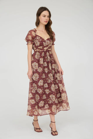 FLORAL SWEETHEART NECK BACK TIE MIDI DRESS