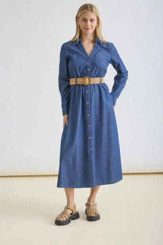 3/4 TAB SLEEVE BUTTON DOWN BELTED DENIM DRESS