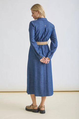 3/4 TAB SLEEVE BUTTON DOWN BELTED DENIM DRESS