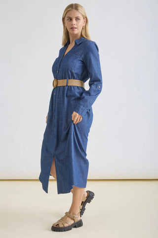 3/4 TAB SLEEVE BUTTON DOWN BELTED DENIM DRESS