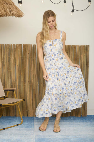 PARADISE MOTIF SPAGHETTI STRAP TIERED MAXI DRESS FINAL SALE