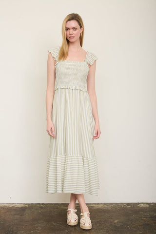 LIGHT OLIVE STRIPE SMOCKED RUFFLE TRIM MIDI DRESS FINAL SALE