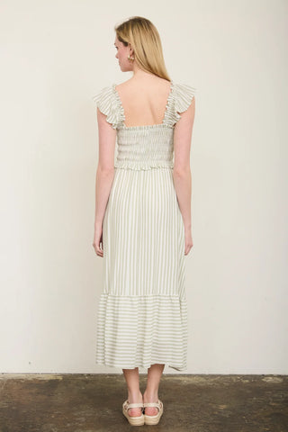 LIGHT OLIVE STRIPE SMOCKED RUFFLE TRIM MIDI DRESS FINAL SALE