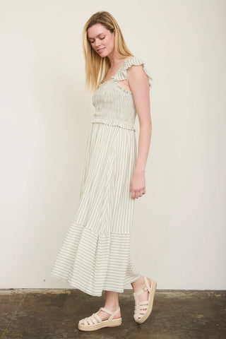 LIGHT OLIVE STRIPE SMOCKED RUFFLE TRIM MIDI DRESS FINAL SALE
