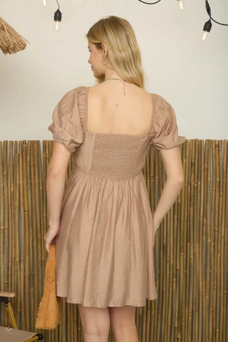 LIGHT MOCHA PLEATED BODICE SHORT PUFF SLEEVE MINI DRESS