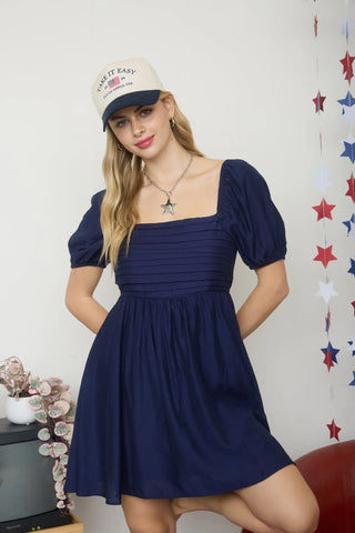 NAVY PLEATED BODICE SHORT PUFF SLEEVE MINI DRESS