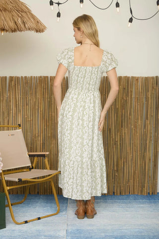 OLIVE WAVY FLORAL PATTERN SMOCKED PUFF SLEEVE MIDI DRESS Final Sale